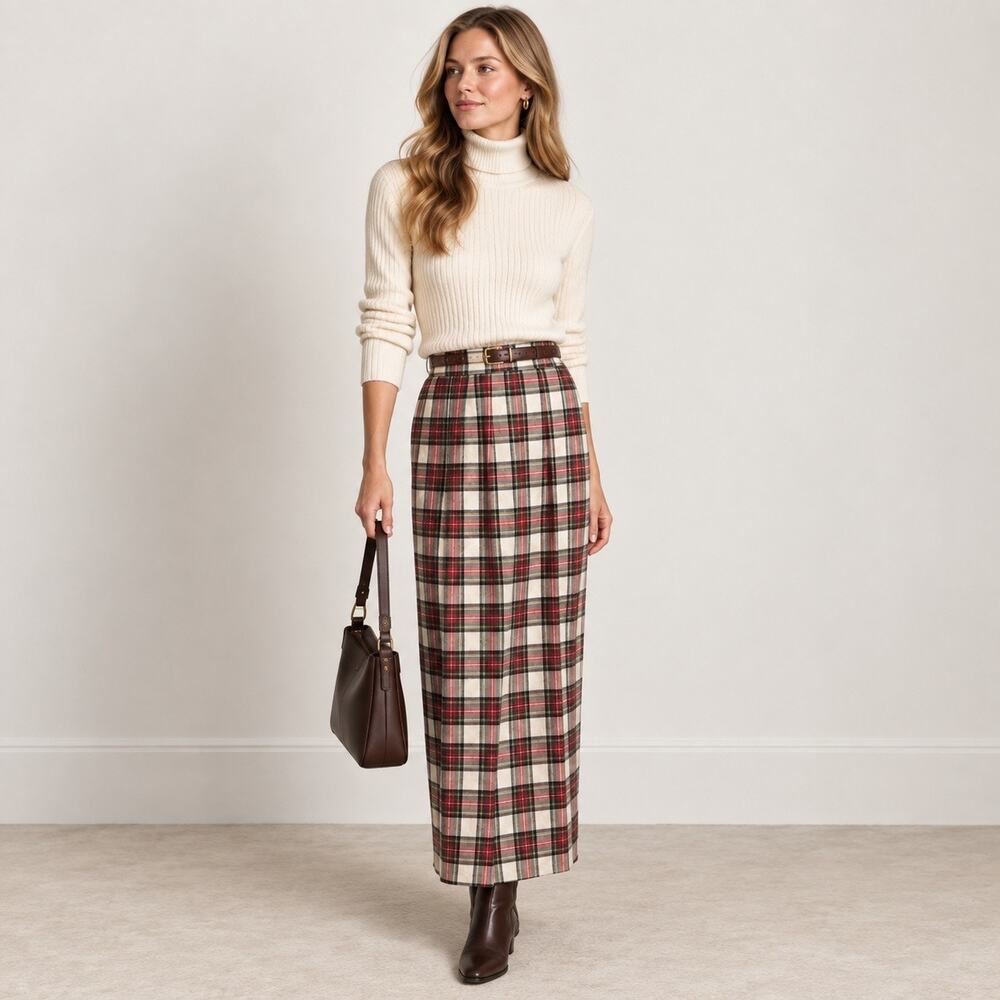 Vintage 80s Cullinane Tartan Plaid Cotton Pleated Maxi Skirt USA M